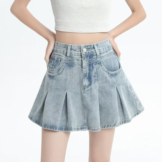 Retro Denim Skirt Summer A- Line Pleated Skirt